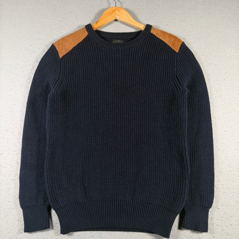 J Crew Navy Blue Men Sweater Leather Shoulder Patches Ribbed Knit Crewneck Small